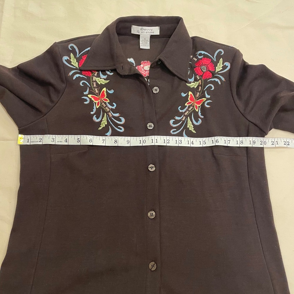 VTG Savvy‎ by DT Studio Brown Embroidered Butterfly Flower Button Shirt Womens M - Picture 5 of 8